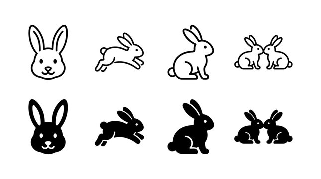 Set of cute rabbit icons and silhouettes in outline and solid black style for easter design with silhouette, collection