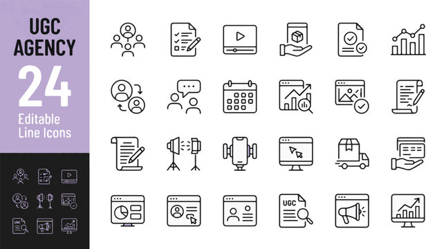 UGC Agency Line Icons Set, 24 Editable Vector Symbols for Content Creator, Social Media Marketing, Influencer, Video Production, Analytics, Digital Strategy, Branding, Campaign & Web Design Mockup