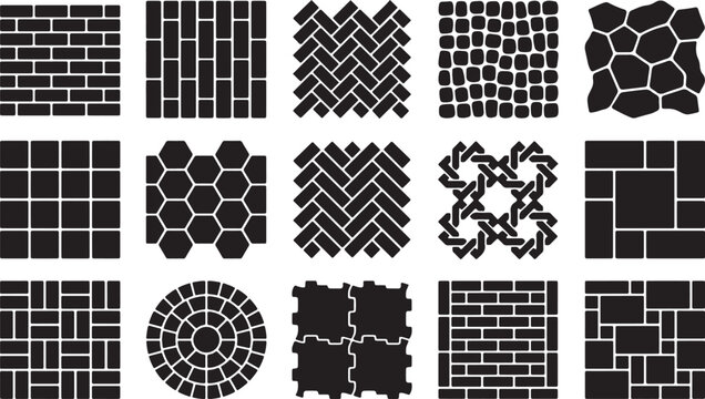 Set of stone paving patterns on transparent background. different types of brickwork. various forms of blocks, cobbles, tile, and paver.