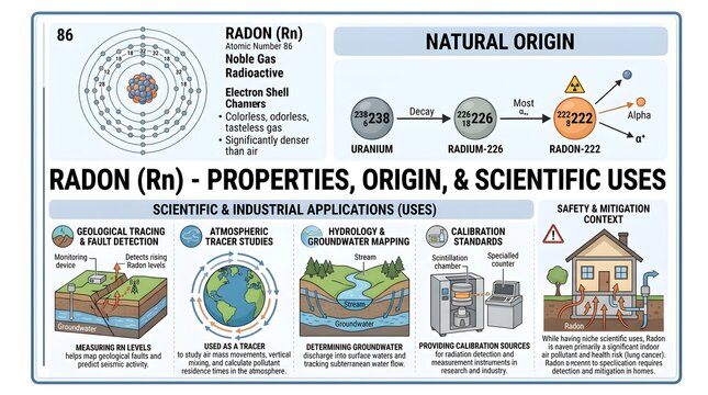 Radon (Rn) properties, origin and scientific uses infographic showing atomic structure, natural formation from uranium&ndash;radium decay, geological occurrence, groundwater tracing, earthquake research, ca
