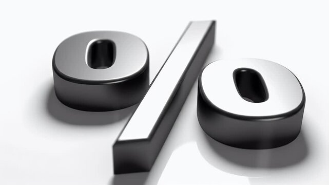 Shiny metallic 3D percentage symbol casting a shadow on a white surface