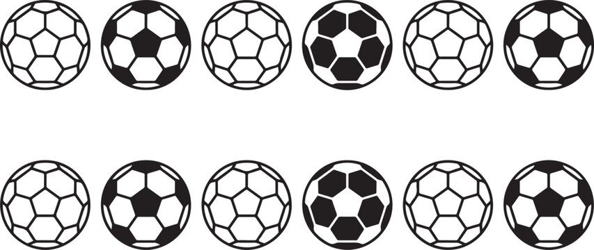Soccer balls set, collection of traditional footballs with hexagonal and pentagonal patterns, sports equipment.