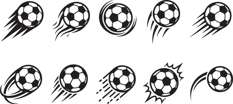 Flying soccer balls set, collection of footballs in motion with speed trails and impact effects, dynamic sport.