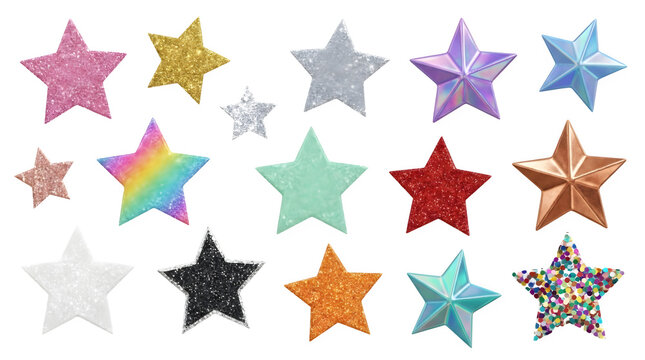 Set of various colorful glittery and metallic stars isolated on transparent background