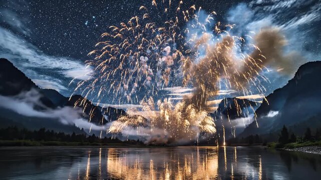 Golden fireworks explode over a reflective river with starry night sky and mountains