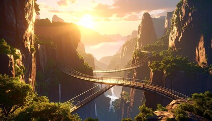 Fototapeta premium Golden sunset over dramatic canyon with river and bridge.