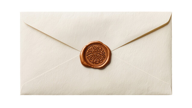 Cream envelope sealed with ornate bronze wax seal, isolated on transparent background