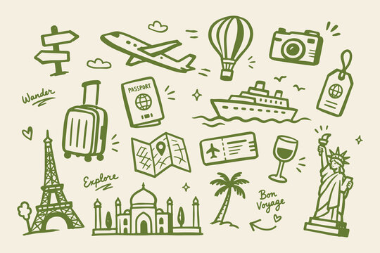 Travel Vacation Doodle Set Vector Illustration