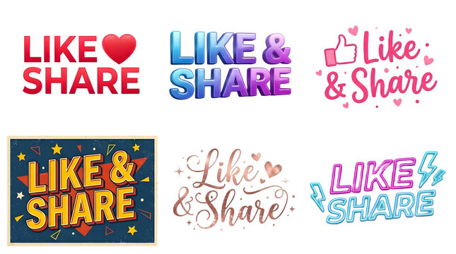 Set of like and share social media buttons and typography designs, various styles of creative lettering for digital marketing and content engagement isolated on transparent background
