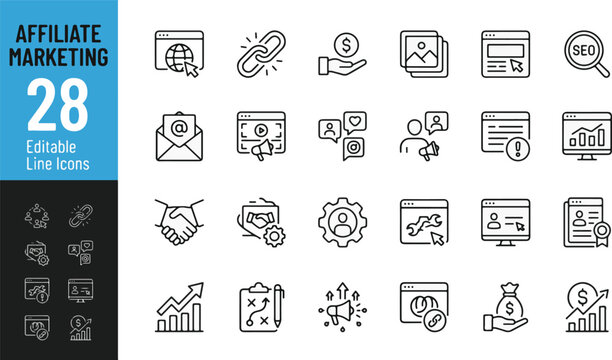 Affiliate Marketing Line Icons Set, 28 Editable Vector Symbols for Referral Program, Backlink, SEO, Commissions, Partnership, Content Strategy, Email, Social Media Ads & Online Business Growth Design