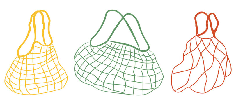 Sustainable lifestyle mesh grocery bag collection in earth tones line art elements for organic store branding and ecological packaging graphics