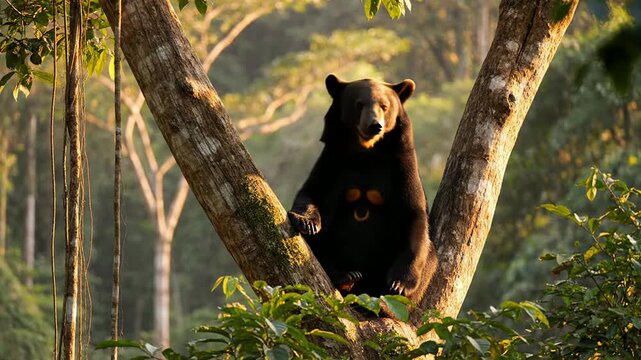 Sun Bear Resting In Fork of Low Tree; Serene Wildlife Scene In Lush Rainforest Habitat, Nature's Beauty and Biodiversity