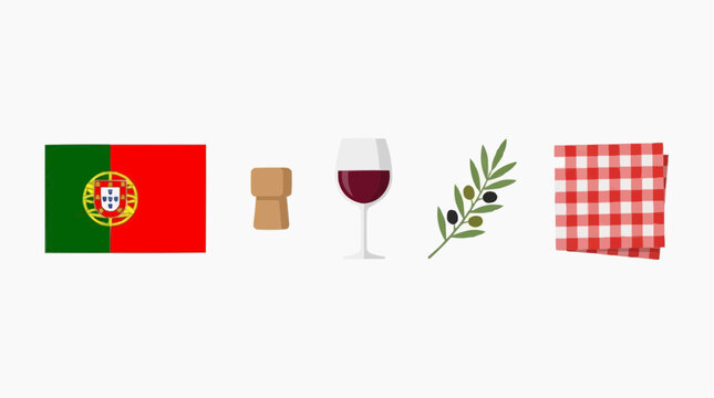 Portugal Flag with Cork Stopper, Wine Glass, Olive Branches and Plaid Fabric Icons for Branding, Travel Souvenirs, and Import-Export Themes