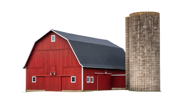 Classic red barn with attached concrete silo, isolated on transparent background