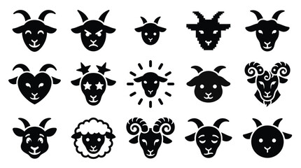 Collection of stylized goat and sheep head icons in black and white, representing various emotions and styles. © yuanita