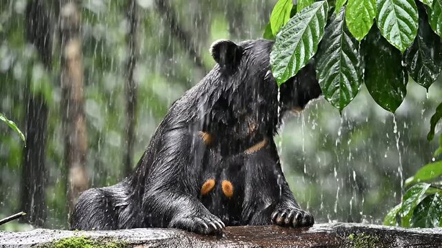 Sun Bear Sits Under Dripping Tropical Leaves In Lush Greenery During Gentle Rainfall, Capturing Serene Wildlife Moment In Nature