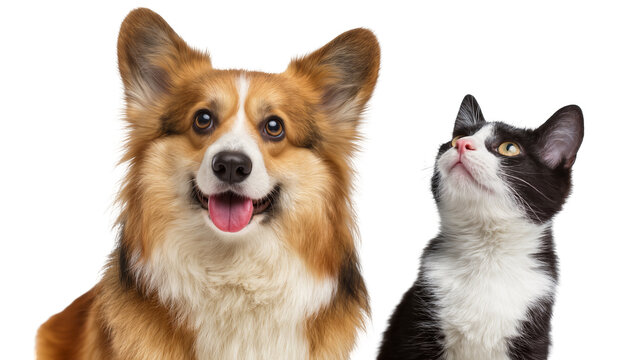 Fluffy Pembroke Welsh Corgi dog and black and white cat looking up, isolated on transparent background