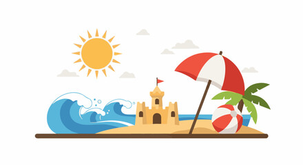 Obraz premium A beach scene with a sandcastle, umbrella, and palm tree
