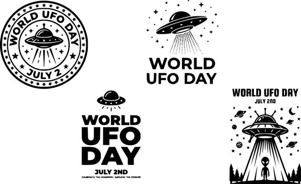 World UFO Day vintage vector collection featuring alien spaceship illustrations, flying saucer badges, extraterrestrial symbols and retro sci fi space designs for creative projects