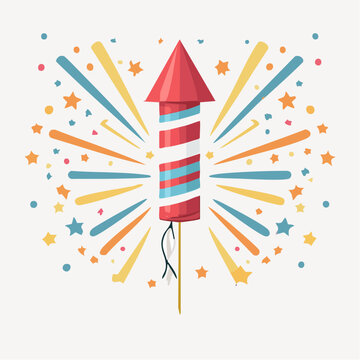 Cartoon Firework Rocket with Colorful Explosions and Stars