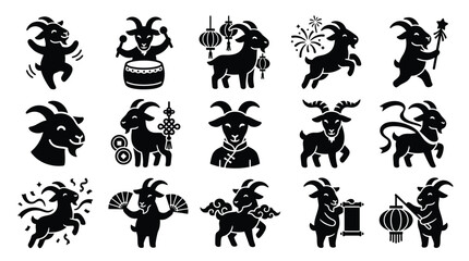 Obraz premium Collection of Chinese Zodiac Goat Silhouettes with Festive Elements.