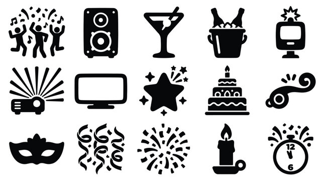 Collection of celebration and party icons including dancing people, music, drinks, cake, and fireworks.