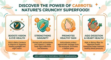 Naklejka premium Discover the power of carrots: Nature's crunchy superfood with health benefits for eyes, immunity, skin, and heart