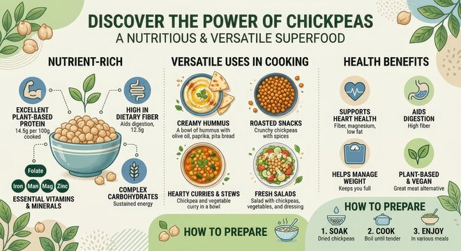 Infographic about the nutritional power and versatility of chickpeas, showcasing their health benefits and preparation methods