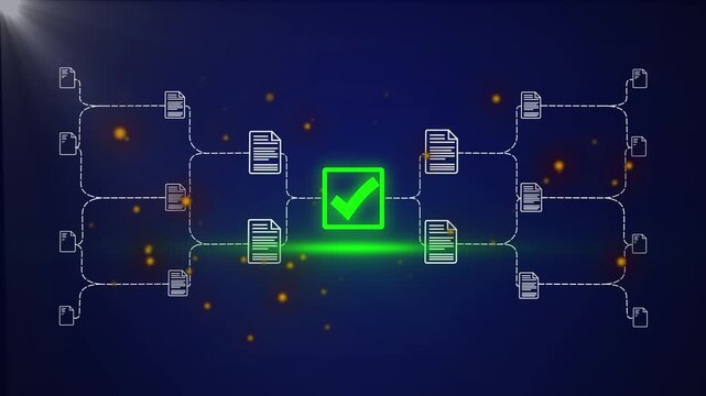 Neon glowing document verification blockchain network with digital check mark icon showing secure data validation system, online approval process, and cyber security technology concept 4k animated.