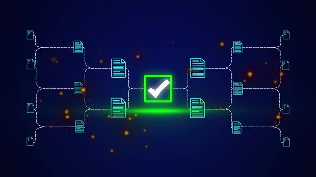 Neon glowing document verification blockchain network with digital check mark icon showing secure data validation system, online approval process, and cyber security technology concept 4k animated.