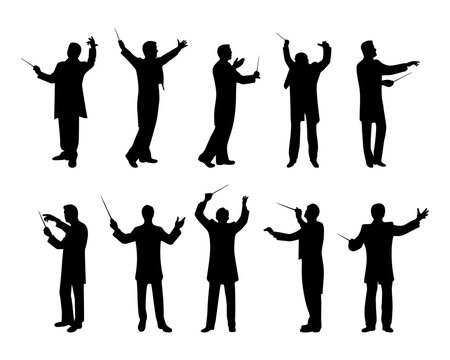 silhouette orchestra conductor poses set isolated