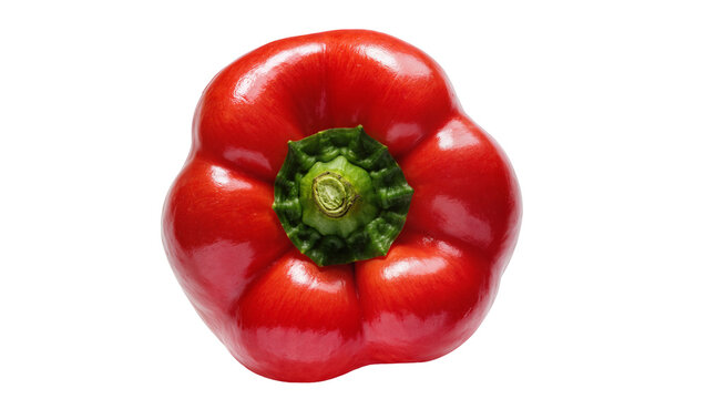 Shiny red bell pepper with green stem, isolated on transparent background