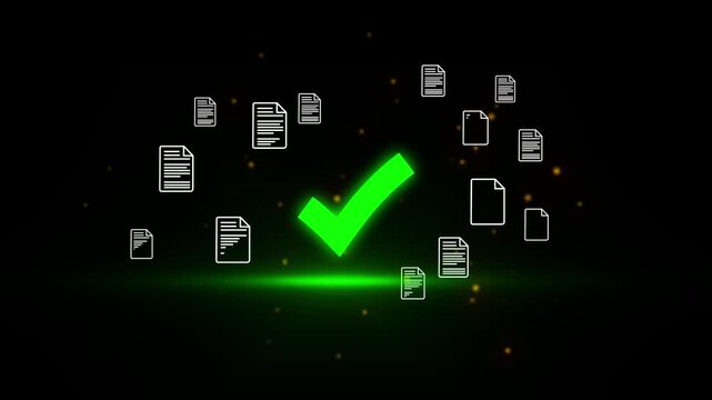 Neon glowing document verification blockchain network with digital check mark icon showing secure data validation system, online approval process, and cyber security technology concept 4k animated.