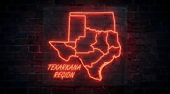 Bright red neon light shaped like the Texas map with the text texarkana region glowing against a dark brick wall