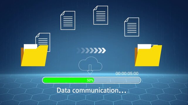 Data communication progress animation. Cloud data upload and download. Digital file sharing process. Futuristic technology network background. Data exchange interface. 4k animated video.