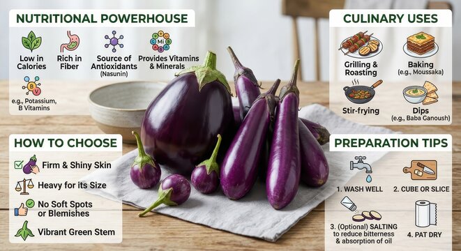 Fresh eggplants on a table with information about their nutritional value, culinary uses, how to choose, and preparation tips