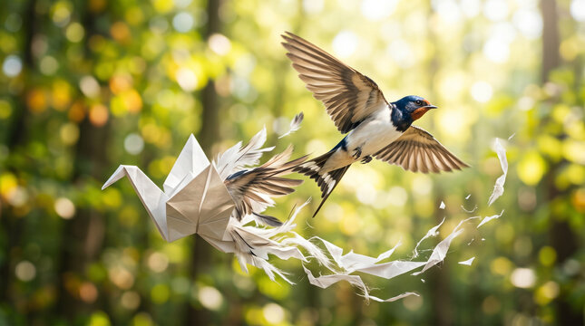 Origami bird becoming real