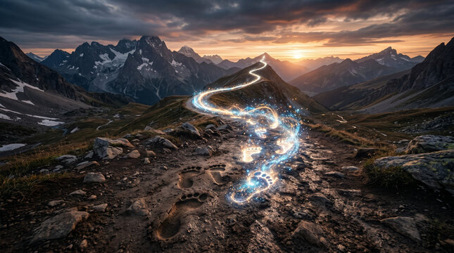 Glowing footprints mountain path