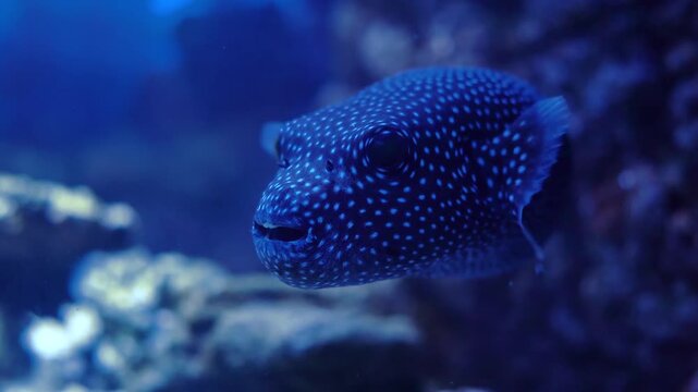 Stunning marine life featuring blue spotted puffer fish swimming gracefully inside large aquarium tank in close up shot.
