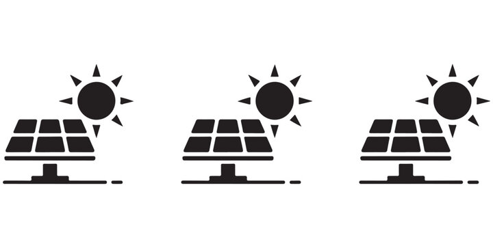 Professional solar panel silhouette icons with sun background representing industrial renewable energy solutions.