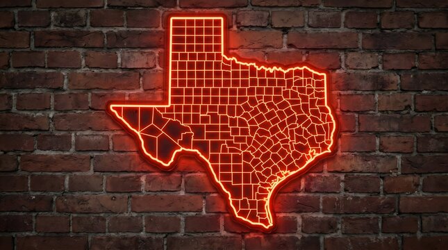 Bright red neon light shaped like the map of texas with internal county borders mounted on a rustic brown brick wall