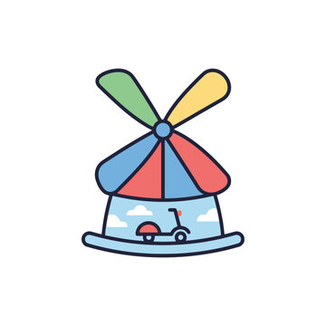 A colorful windmill illustration featuring a small scooter inside it