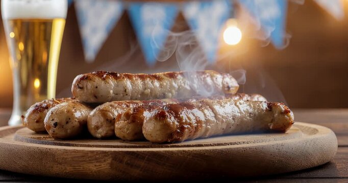 Steaming grilled sausages on a rustic wooden board with a glass of beer and festive Bavarian decorations in the background, perfect for Oktoberfest celebrations.