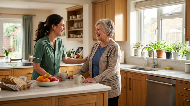Caregiver and Senior Woman Laughing Together in the Kitchen
