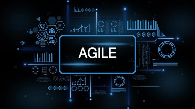 Digital Agile interface with data analytics charts graphs and icons for business technology and finance concepts. 4k motion video. isolated on black background.
