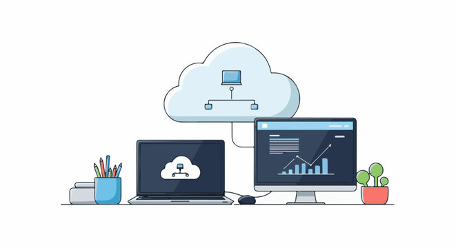 A cartoon graphic of a cloud computing concept with a cloud, laptop, and desktop