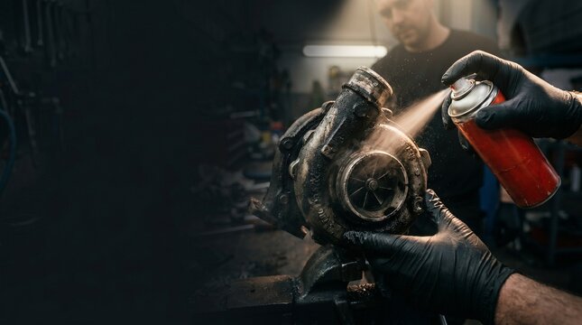 Car repair process: cleaning a turbocharger from oil and carbon deposits in a moody auto service workshop.