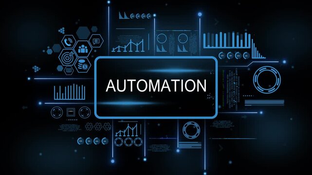 Digital automation interface with data analytics charts graphs and icons for business technology and finance concepts. 4k motion video. isolated on black background.