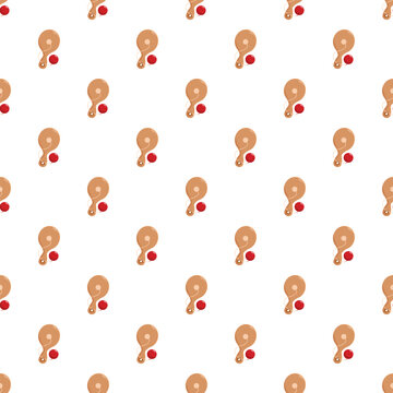 Wooden paddle ball toy with red rubber sphere forming a seamless pattern