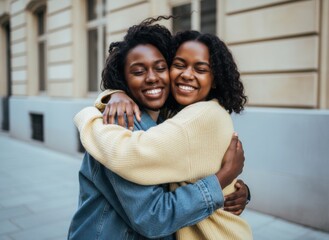 Fototapeta premium Two young Black women embracing on a city street in a moment of joy for friendship marketing, travel lifestyle editorial and community bonding advertisements